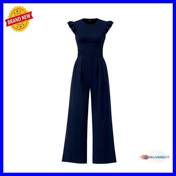 Pants - Ruffle Cap Sleeve Jumpsuit Rib Knit Slim Fit Elegant Summer Dressy Outfit